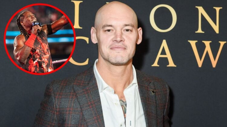 Baron Corbin in attendance at the Los Angeles premiere of 'The Iron Claw' with an inset of R-Truth making his entrance on the February 14 episode o...