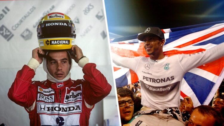 Ayrton Senna (left) of McLaren at the San Marino Grand Prix, and Lewis Hamilton (right) celebrates a world championship at Abu Dhabi