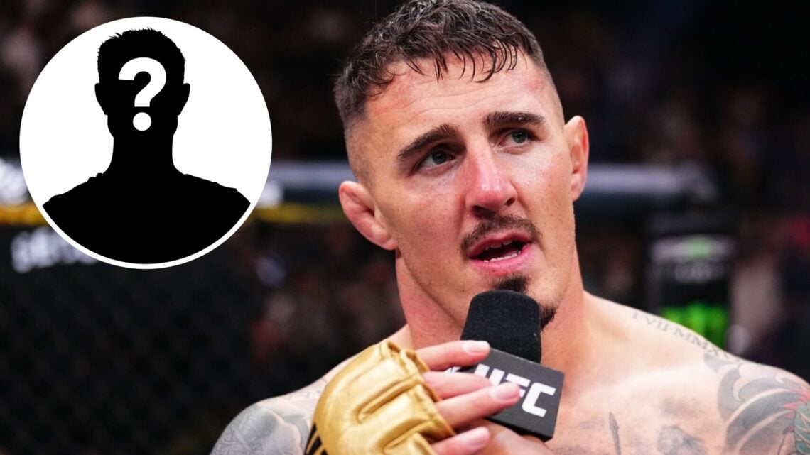 Tom Aspinall speaks after his win over Curtis Blaydes at UFC 304, inset mystery icon