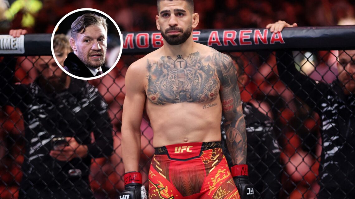 Main: Ilia Topuria enters the Octagon for his UFC 317 fight with Charles Oliveira. Inset: Conor McGregor