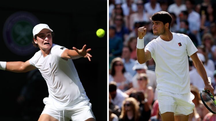 Joao Fonseca and Carlos Alcaraz competing at Wimbledon 2025