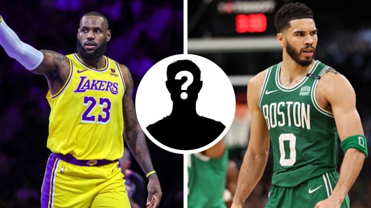 LeBron James (left) of the Los Angeles Lakers, Jayson Tatum (right) of the Boston Celtics, and a mystery person.
