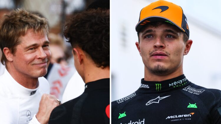 Brad Pitt (left) first pumps Lando Norris at Abu Dhabi Grand Prix, and Lando Norris (right) at the Candian Grand Prix in the paddock