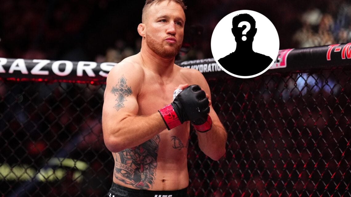 Main: Justin Gaethje in the Octagon ahead of his fight with Rafael Fiziev at UFC 313. Inset: Mystery Fighter