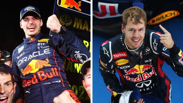 Left: Max Verstappen celebrates winning the 2022 Formula 1 World Championship. Right: Sebastian Vettel of Red Bull Racing celebrates winning the Ja...