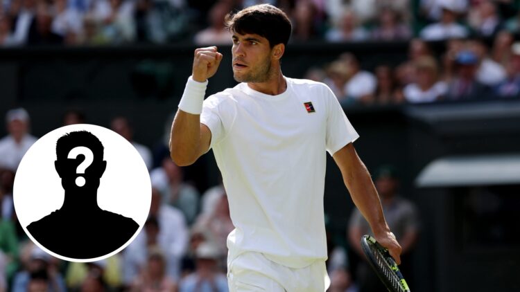 Carlos Alcaraz celebrating a point at Wimbledon 2025