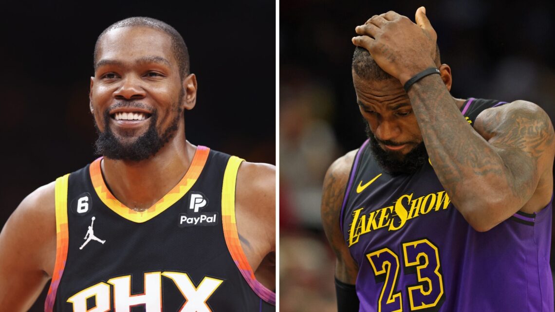 Kevin Durant (left) smiling while playing for the Phoenix Suns, and LeBron James (right) puts his hand on his head while playing for the Los Angele...