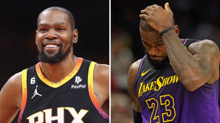 Kevin Durant (left) smiling while playing for the Phoenix Suns, and LeBron James (right) puts his hand on his head while playing for the Los Angele...