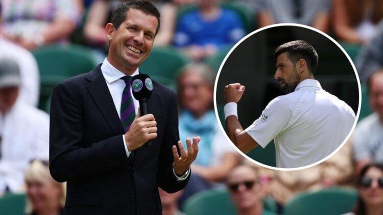Time Henman speaking at Wimbledon and Novak Djokovic celebrating a point against Dan Evans