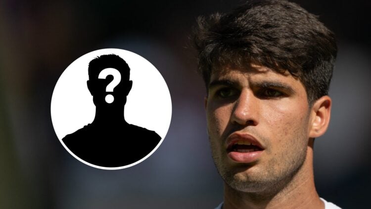 Carlos Alcaraz (right) looks on longingly and a mystery player overlay (left)