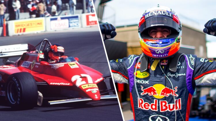 Left: Gilles Villeneuve driving his Ferrari. Right: Daniel Ricciardo celebrates after winning the 2014 Canadian Grand Prix.
