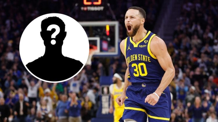 Steph Curry (right) celebrating, and mystery person (left)