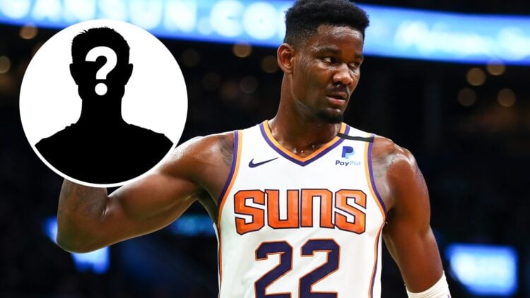 Deandre Ayton (right) playing for the Phoenix Suns, and a mystery person (left)