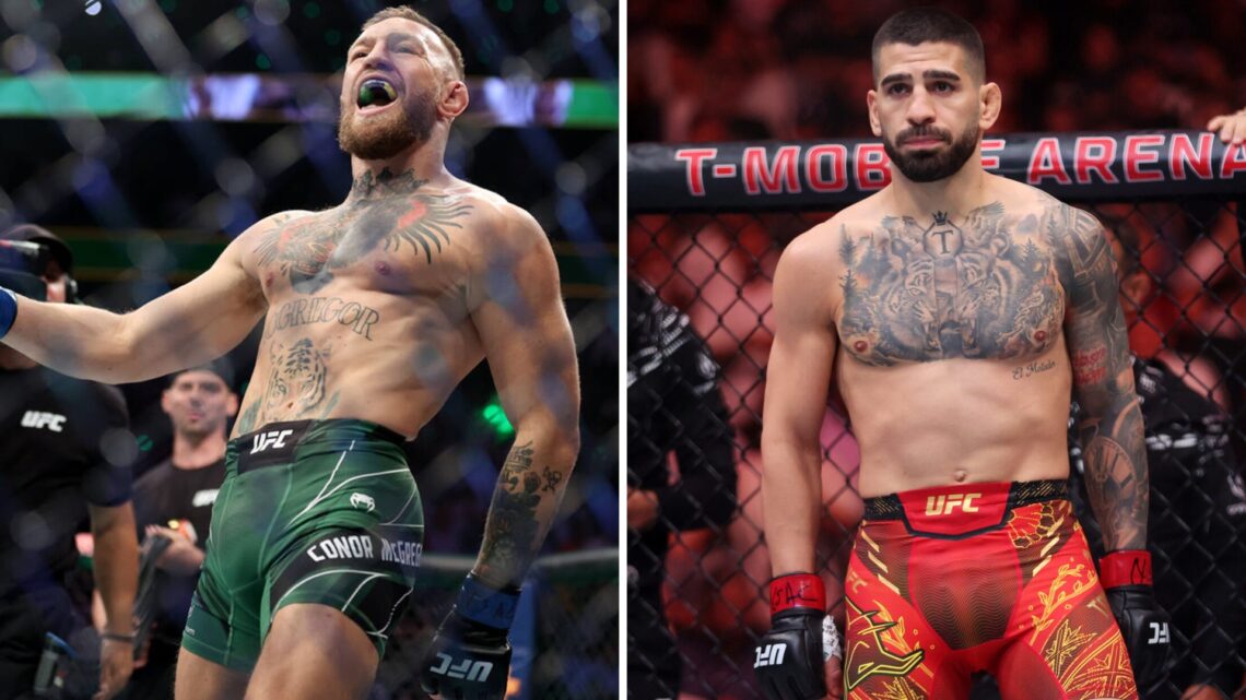 Left: Conor McGregor enters the Octagon for his UFC 264 fight with Dustin Poirier. Right: Ilia Topuria in the Octagon for his UFC 317 lightweight t...