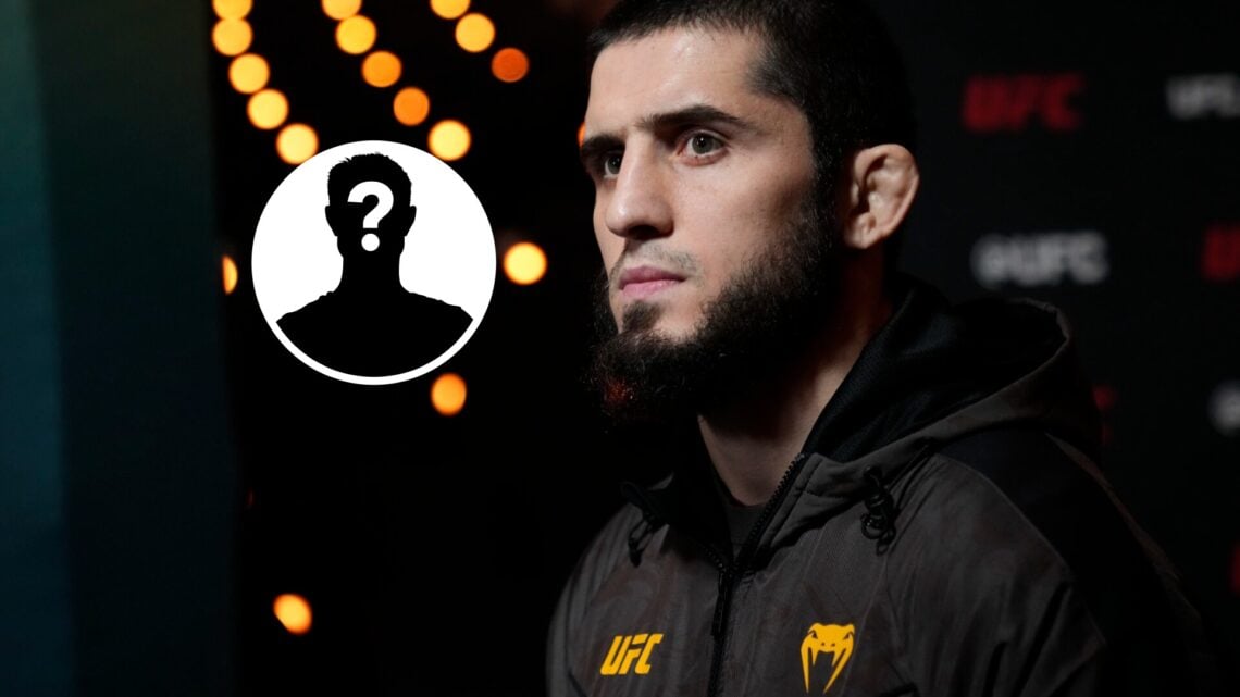 Inset: Mystery Fighter. Right: Islam Makhachev backstage during the UFC 311 ceremonial weigh-ins.