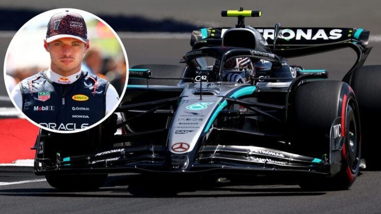 Mercedes 2025 F1 car (right) and Max Verstappen (left)