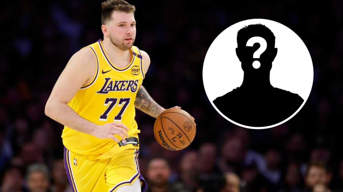 Luka Doncic (left) dribbling a basketball, and a mystery person (right)