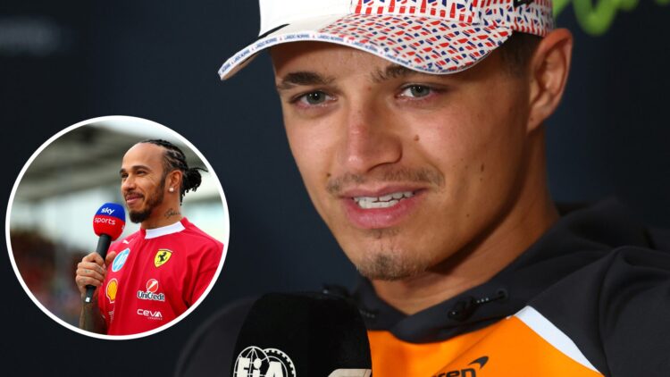 Lando Norris (right) in a press conference, and Lewis Hamilton (left) interviewed at Silverstone.