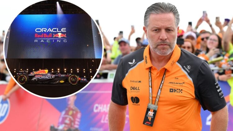 Zak Brown (right) at the British Grand Prix, and the Red Bull RB19 (left)