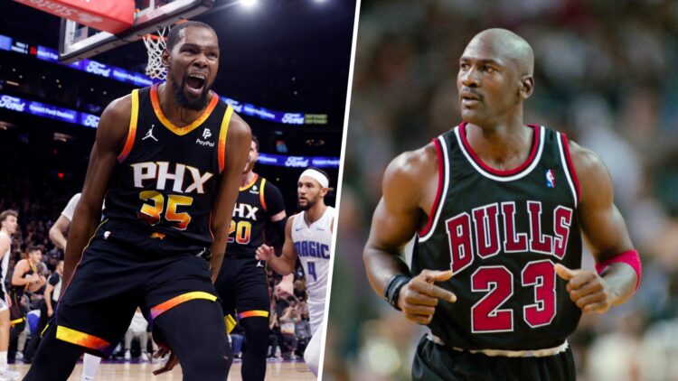 Kevin Durant (left) reacts to dunking against the Orlando Magic and Michael Jordan (right) playing for the Chicago Bulls