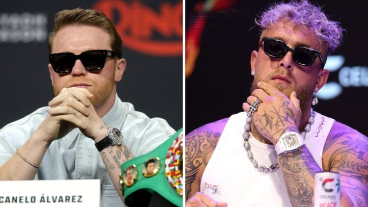 Canelo Alvarez looks at the camera (left) during a press conference, Jake Paul looks on (right)