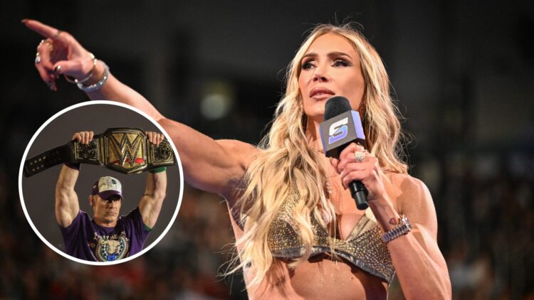 Charlotte Flair cutting a promo on WWE SmackDown with an inset of John Cena lifting the WWE Championship