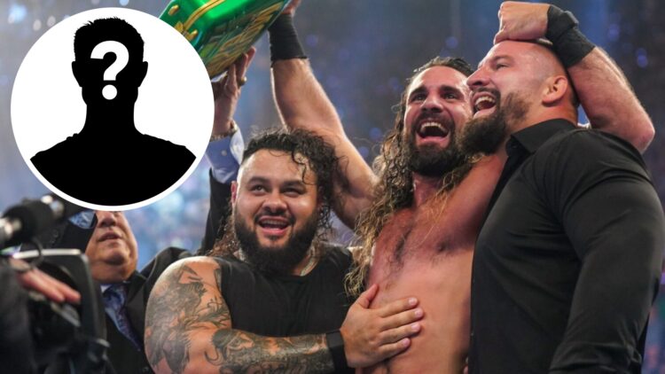 Seth Rollins celebrates with Bron Breakker and Bronson Reed after winning Money in the Bank, inset mystery icon