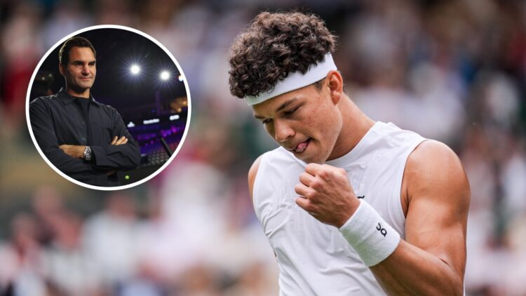 Ben Shelton playing at Wimbledon 2025 with an inset of Roger Federer at the 2022 Laver Cup