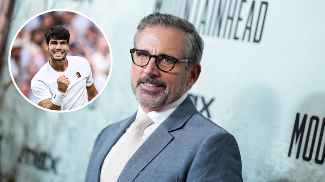 Hollywood actor Steve Carell at the Mountainhead premiere with an inset of Carlos Alcaraz at Wimbledon