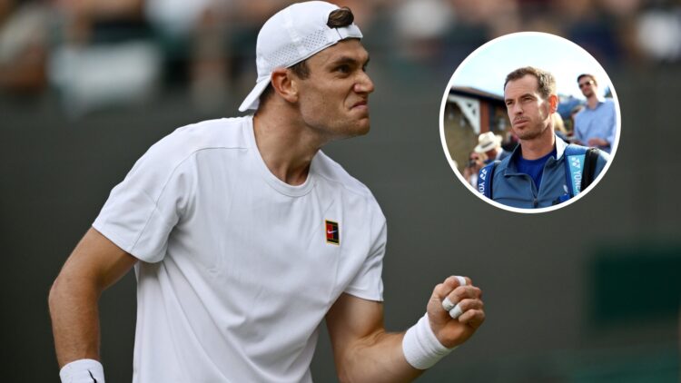 Jack Draper celebrating a point at Wimbledon 2025 with an inset of Andy Murray at Queens' Club