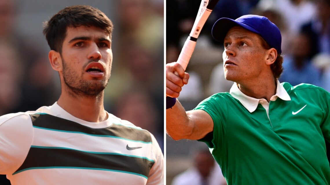 Carlos Alcaraz (left) and Jannik Sinner (right) playing in the French Open 2025 final