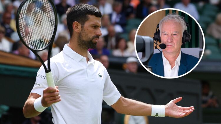 Novak Djokovic looking disgusted in his match with Alex De Minaur at Wimbledon 2025