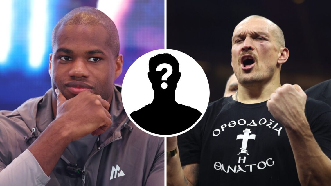 Daniel Dubois (left) looks on at press conference, Oleksandr Usyk (right) celebrates after Tyson Fury rematch win.
