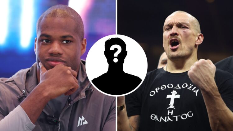 Daniel Dubois (left) looks on at press conference, Oleksandr Usyk (right) celebrates after Tyson Fury rematch win.