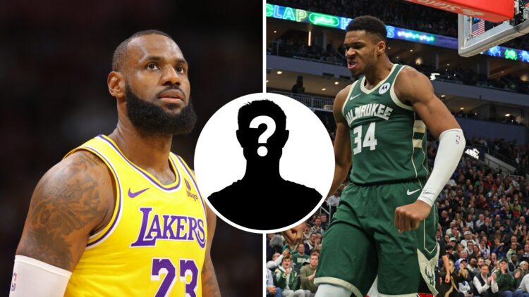 LeBron James (left) of the Los Angeles Lakers, Giannis Antetokounmpo (right) of the Milwaukee Bucks and a mystery person
