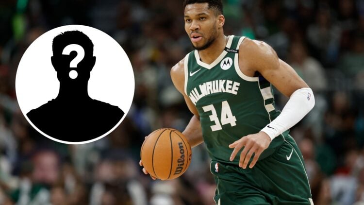 Giannis Antetokounmpo (right) of the Milwaukee Bucks and a mystery person (left)