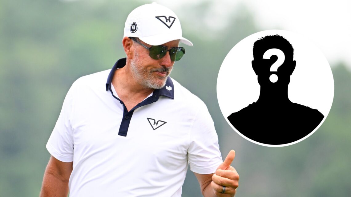 Phil Mickelson (left) of HyFlyers GC reacts to a putt and a mystery person (right).
