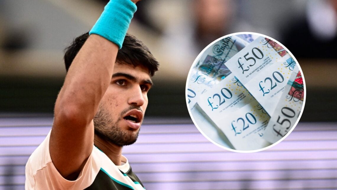 Carlos Alcaraz at the French Open 2025 final (left) and an overlay of money (right)