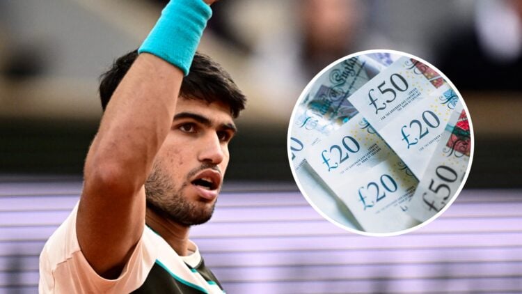 Carlos Alcaraz at the French Open 2025 final (left) and an overlay of money (right)