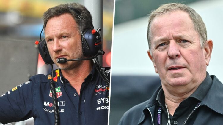 Christian Horner (left) on the Red Bull pit wall, and Martin Brundle (right) looks on during qualifying