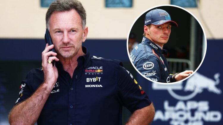 Christian Horner (left) talks on the phone, and Max Verstappen (right) looks on in parc ferme