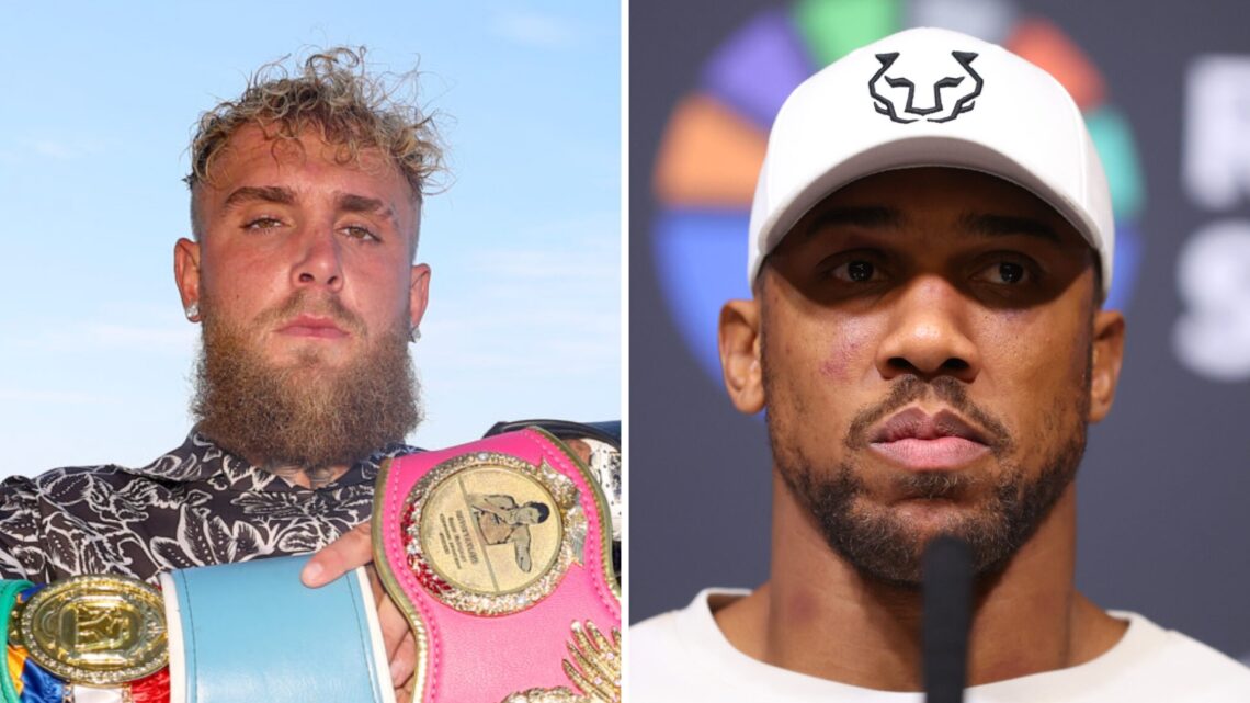 Jake Paul (left) holds up the undisputed women's titles, Anthony Joshua (right) attends the Daniel Dubois press conference
