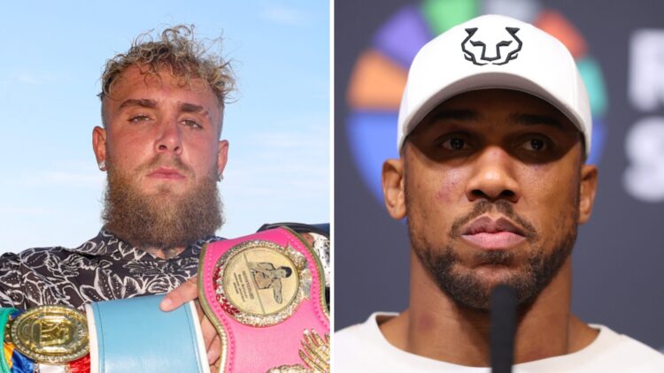 Jake Paul (left) holds up the undisputed women's titles, Anthony Joshua (right) attends the Daniel Dubois press conference