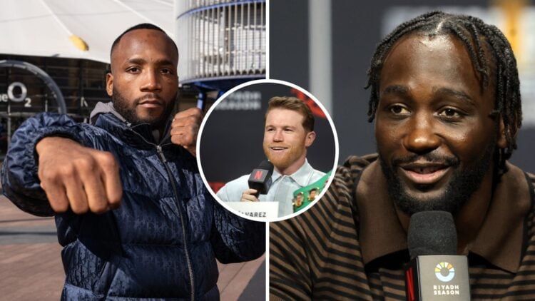Leon Edwards (left) poses outside The O2 Arena, Terence Crawford (right) speaks at Canelo Alvarez press event, Canelo Alvarez (middle) speaks at Te...