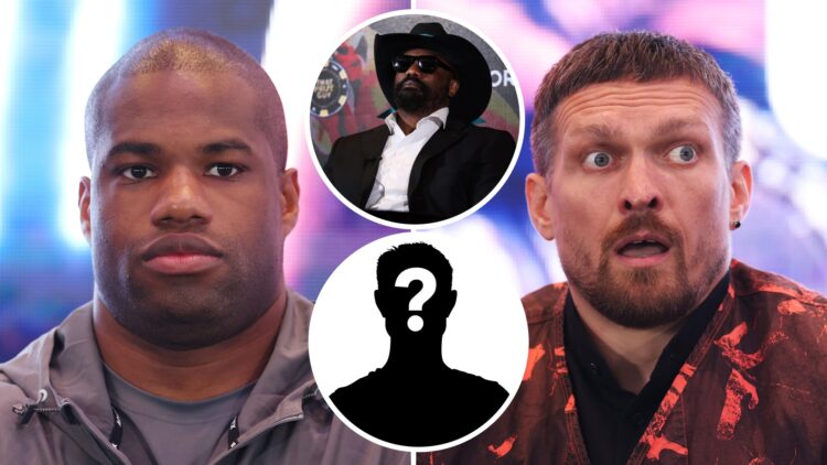 Daniel Dubois (left) looks on during a press conference, Derek Chisora (top middle) looks on during a press conference, Oleksandr Usyk (right) look...