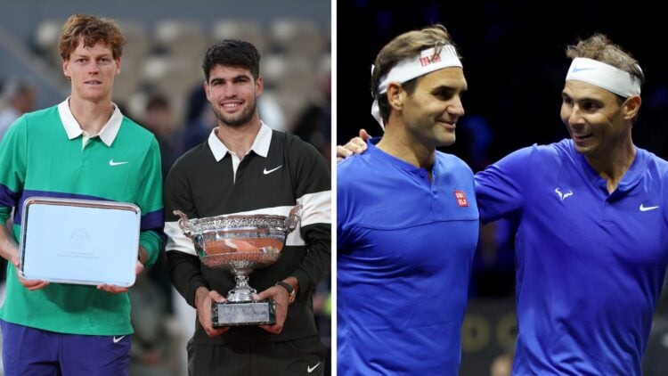 Jannik Sinner and Carlos Alcaraz lifting their trophies at Roland Garros 2025 and Roger Federer and Rafael Nadal playing the Laver Cup in 2022