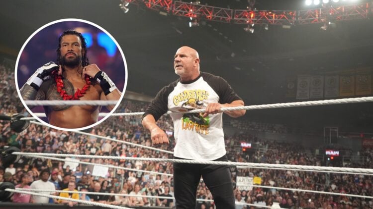 Goldberg confronting Gunther on WWE Raw and an inset of Roman Reigns at WrestleMania 41