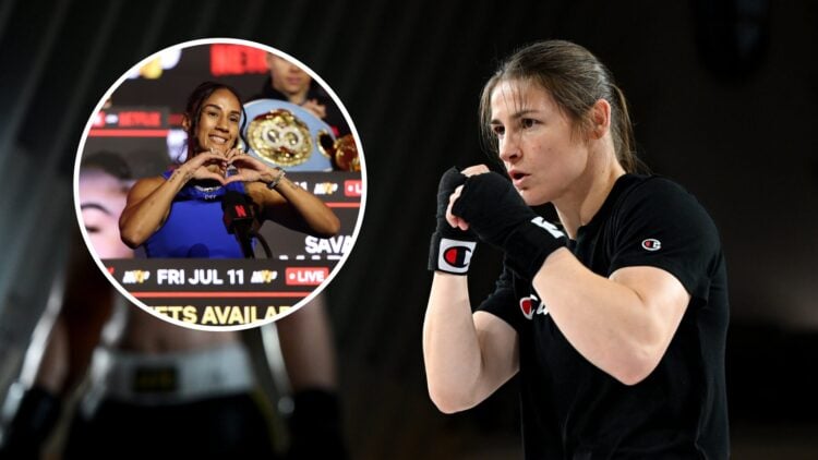 Amanda Serrano (left) makes a heart gesture to the crowd, Katie Taylor (right) during open workouts.