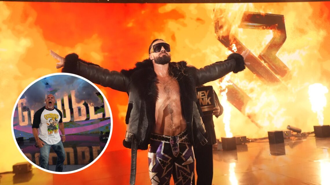 Seth Rollins making his entrance on WWE Raw with an inset of Goldberg