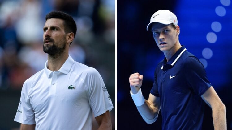 Novak Djokovic playing at Wimbledon 2025 and Jannik Sinner at the ATP Tour Finals in 2024